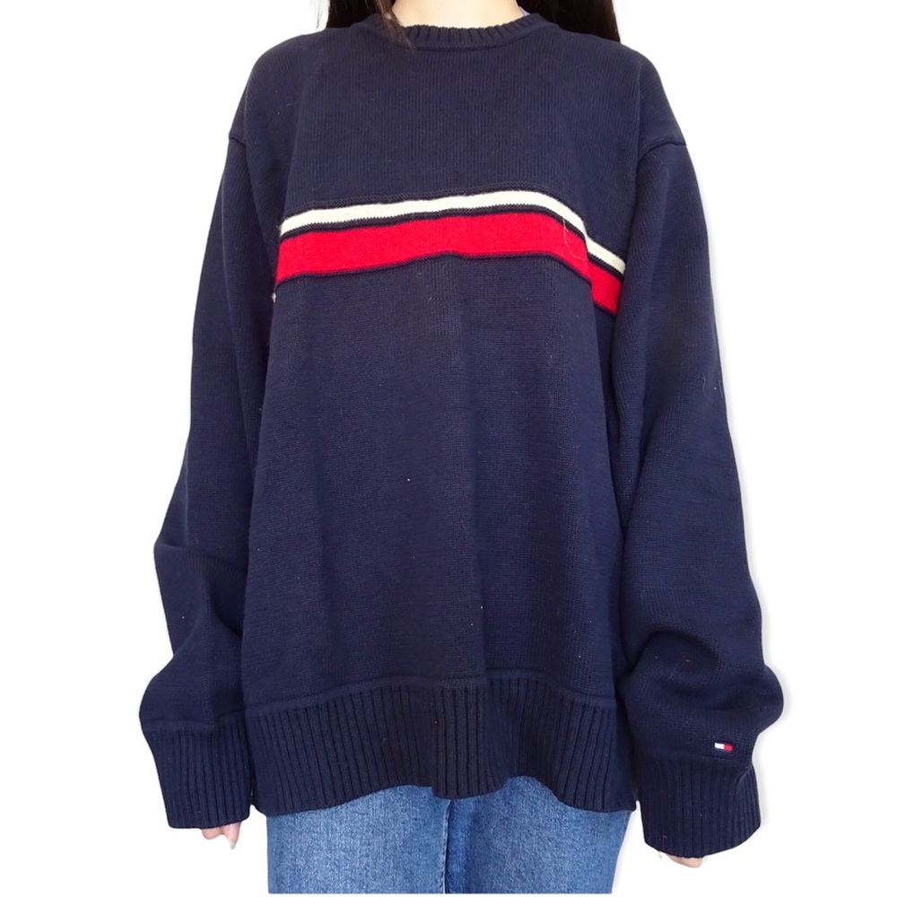 TOMMY HILFIGER NAVY HEAVY WOOL SWEATER WITH STRIPES